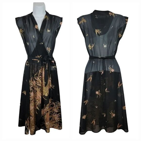 Vintage Dresses & Skirts - Vintage 70's Cascading Floral Sheer Chiffon Midi Dress Size 5/XS/Small